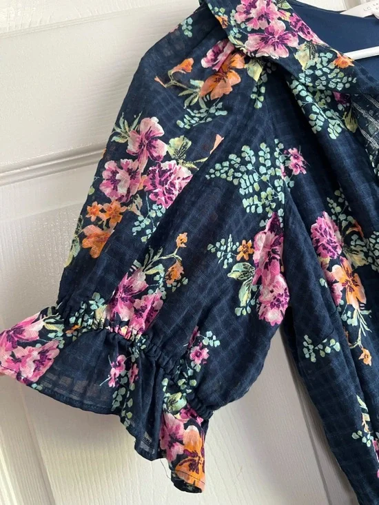 LC Lauren Conrad Navy Blue Floral Cottagecore Maxi Ruffle Tie Waist Dress Large - Picture 7 of 12